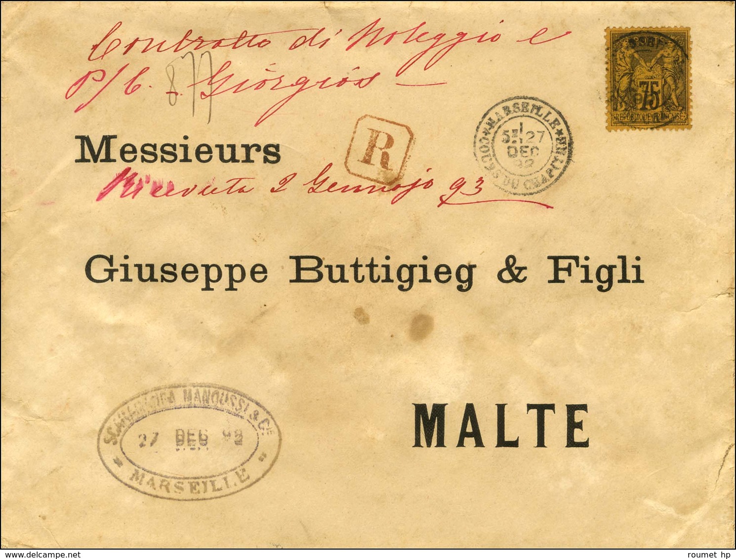 Càd MARSEILLE / COURS DU CHAPITRE / N° 99 Sur Lettre Recommandée 2 Ports Pour Malte. 1892. - TB / SUP. - R. - 1876-1878 Sage (Type I)