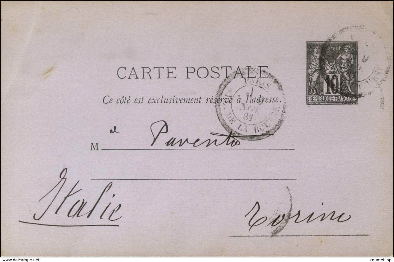 Cachet D'essai PARIS / PL. DE LA BOURSE (type V) / Entier 10c Pour L'Italie. 1881. - TB. - R. - 1876-1878 Sage (Type I)