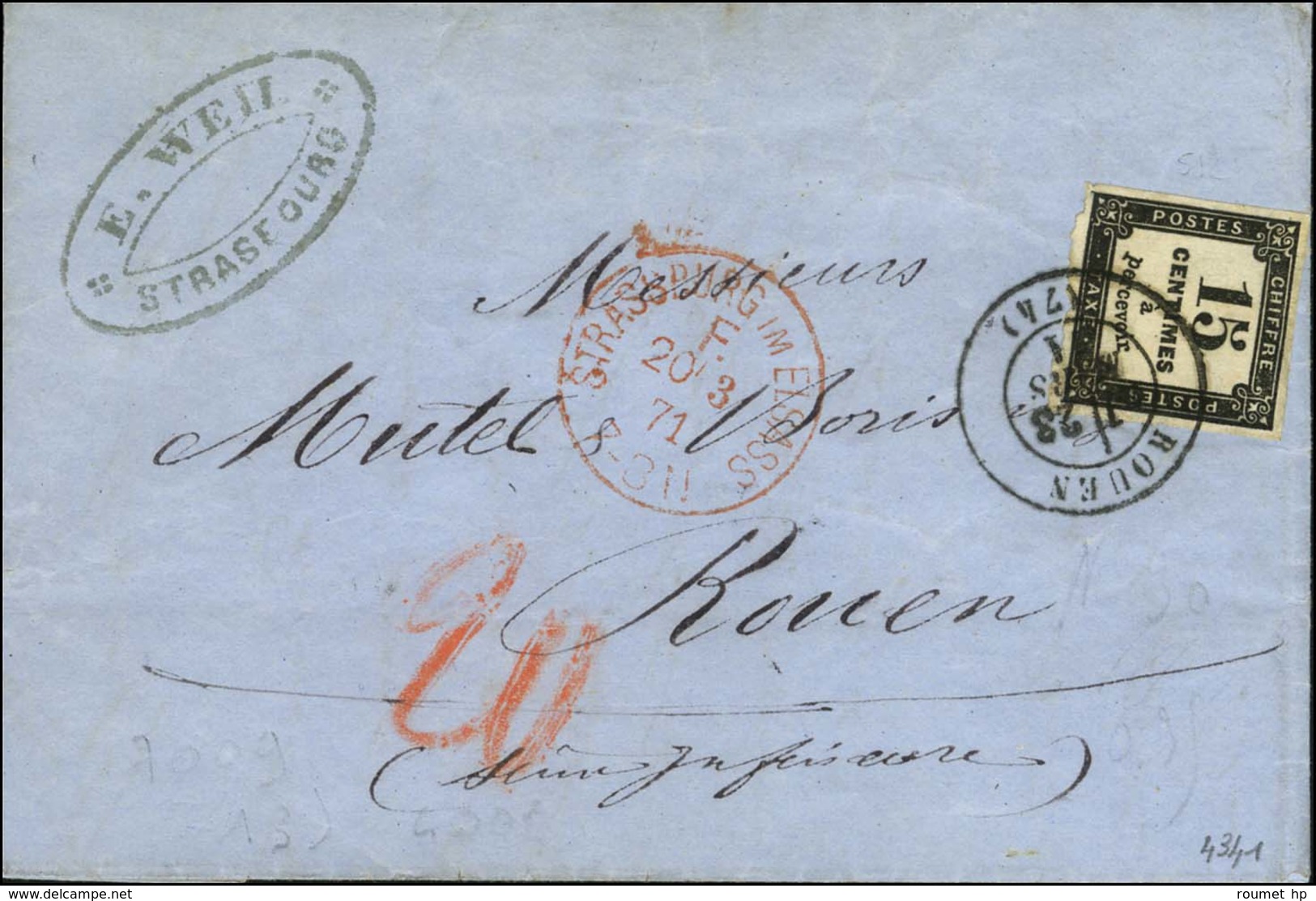 Càd Rouge STRASSBURG IM ELSASS / F / 20 3 71 Sur Lettre Pour Rouen. Au Recto, Càd T 17 ROUEN (74) 23 MARS 71 / Timbre-ta - 1859-1959 Lettres & Documents