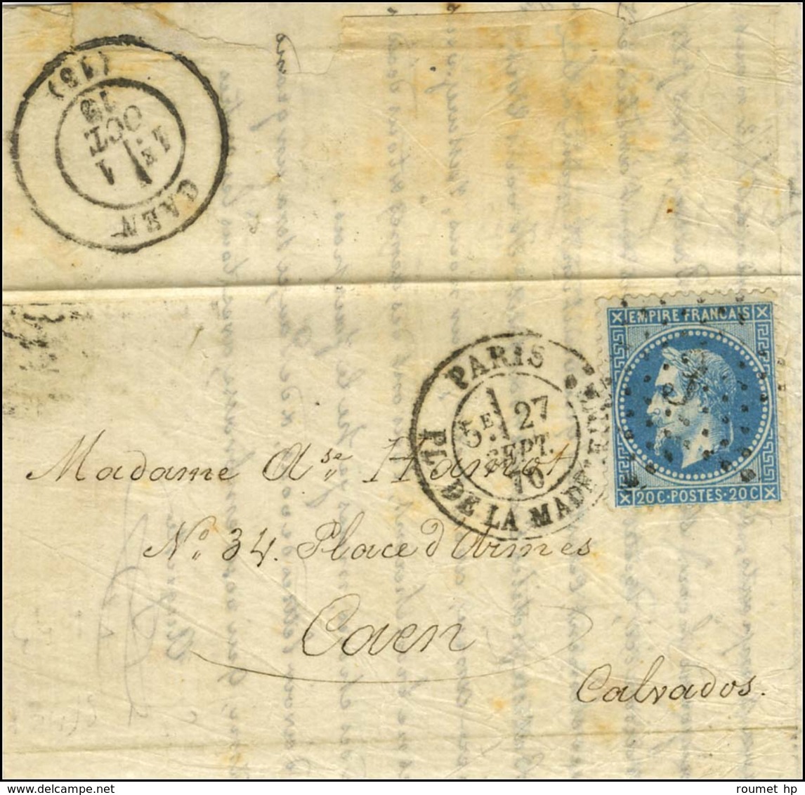 Etoile 3 / N° 29 Càd PARIS / PL. DE LA MADELEINE 27 SEPT. 70 Sur Lettre Pour Caen. Au Verso, Càd D'arrivée 1 OCT. 70. LE - Guerre De 1870