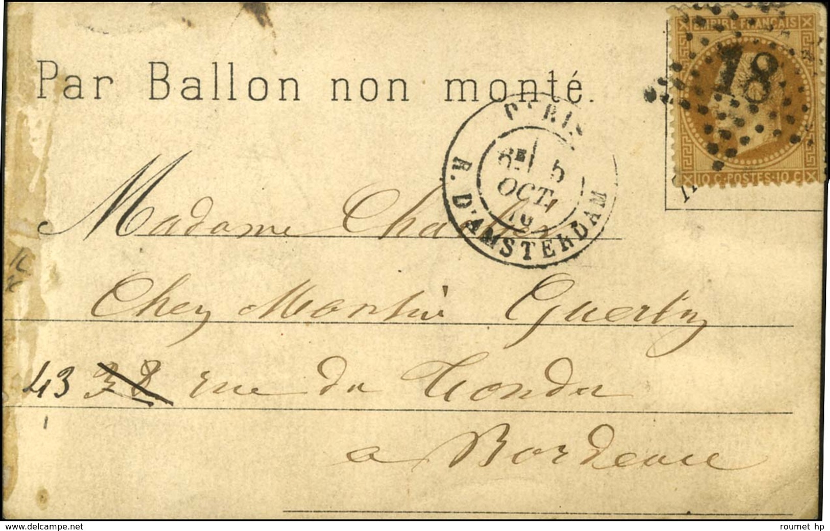 Etoile 18 / N° 28 Càd PARIS / R. D'AMSTERDAM 5 OCT. 70 Sur Carte PAR BALLON NON MONTE Pour Bordeaux Sans Càd D'arrivée.  - Guerra De 1870