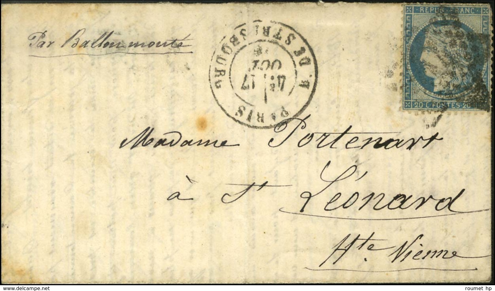 Etoile 14 / N° 14 Càd PARIS / R. DE STRASBOURG 17 OCT. 70 Sur Lettre Pour St Léonard (Haute Vienne). Au Verso, Càd D'arr - Guerra De 1870