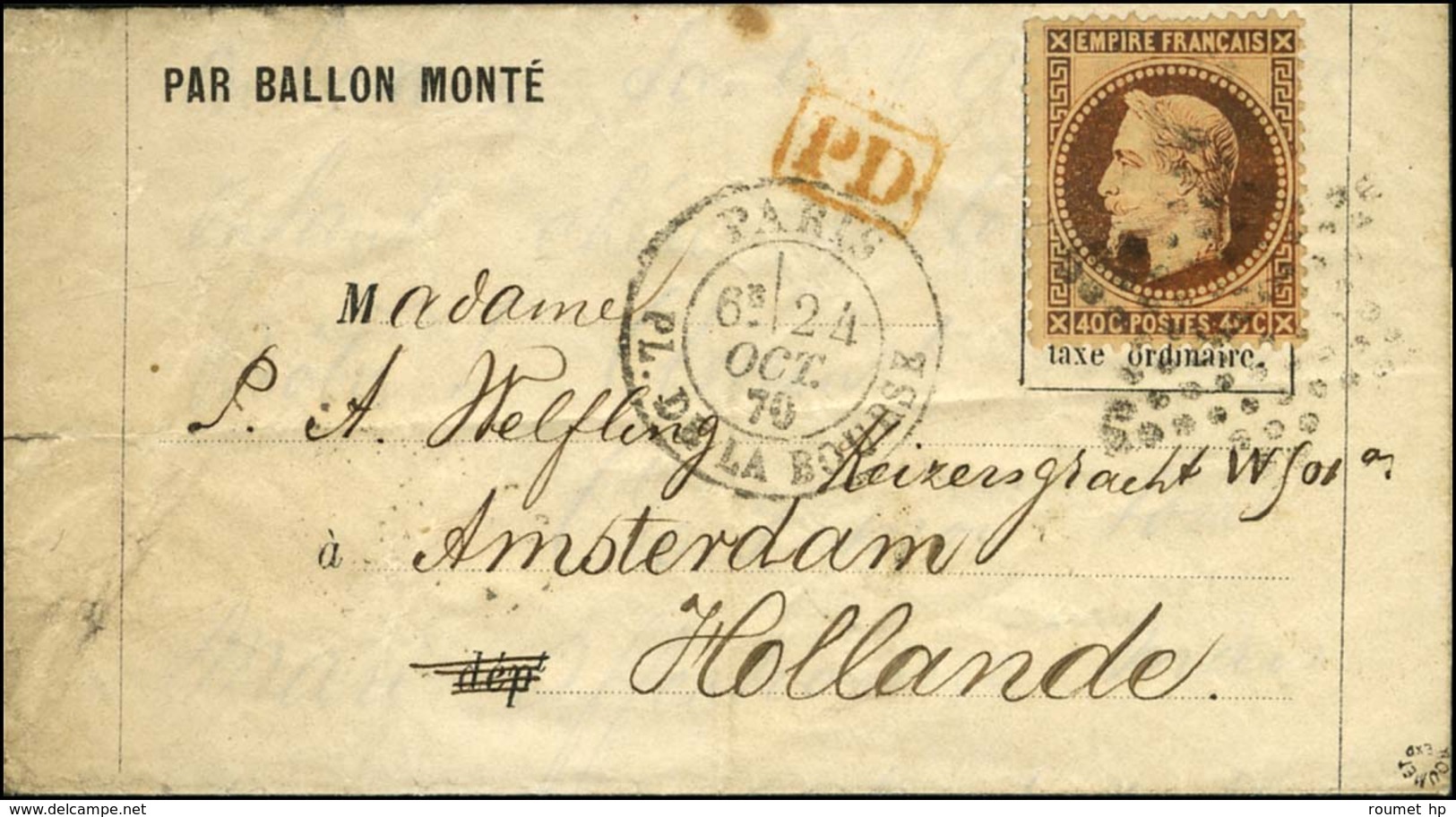 Etoile 1 / N° 31 Càd PARIS / PL. DE LA BOURSE 24 OCT. 70 Sur Lettre PAR BALLON MONTE Pour Amsterdam. Au Verso, Càd D'arr - Guerre De 1870