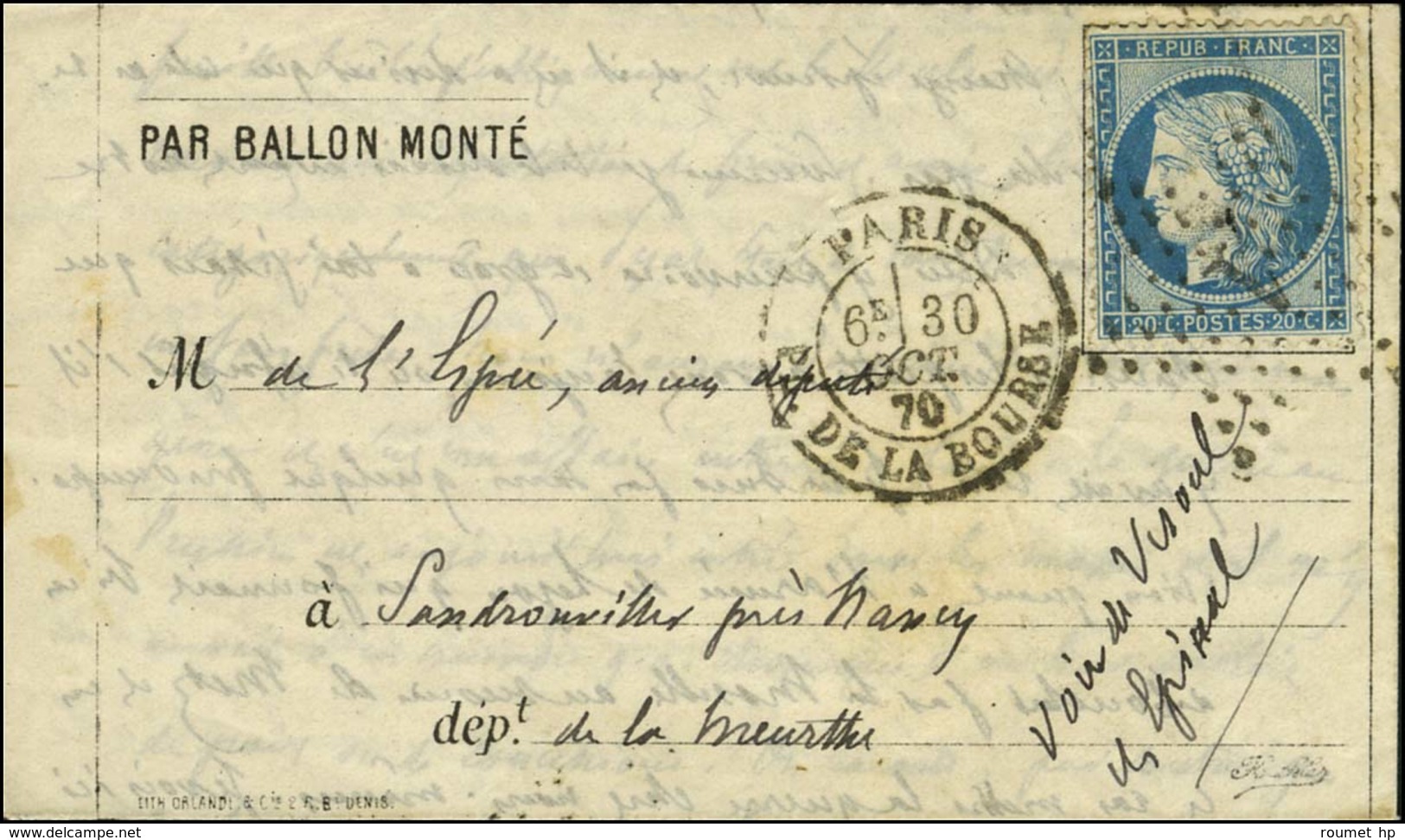 Etoile 1 / N° 37 Càd PARIS / PL. DE LA BOURSE 30 OCT. 70 Sur Lettre PAR BALLON MONTE Pour Sandronviller Près Nancy (zone - Guerre De 1870