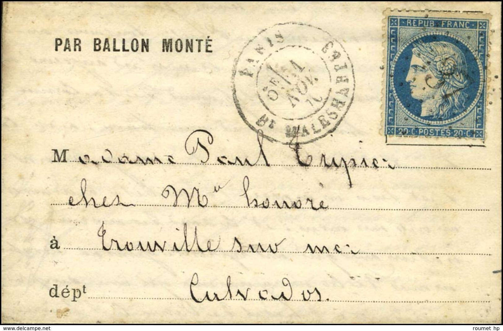 Etoile 37 / N° 37 Càd PARIS / Bt MALESHERBES 1 NOV. 70 Sur Lettre PAR BALLON MONTE Pour Trouville. Au Verso, Càd D'arriv - Guerre De 1870