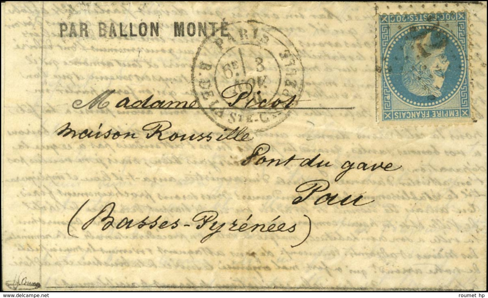 Etoile 32 / N° 29 Càd PARIS / R. DE LA Ste CHAPELLE 3 NOV. 70 Sur Lettre PAR BALLON MONTE Pour Pau. Au Verso, Càd BORDEA - Guerre De 1870