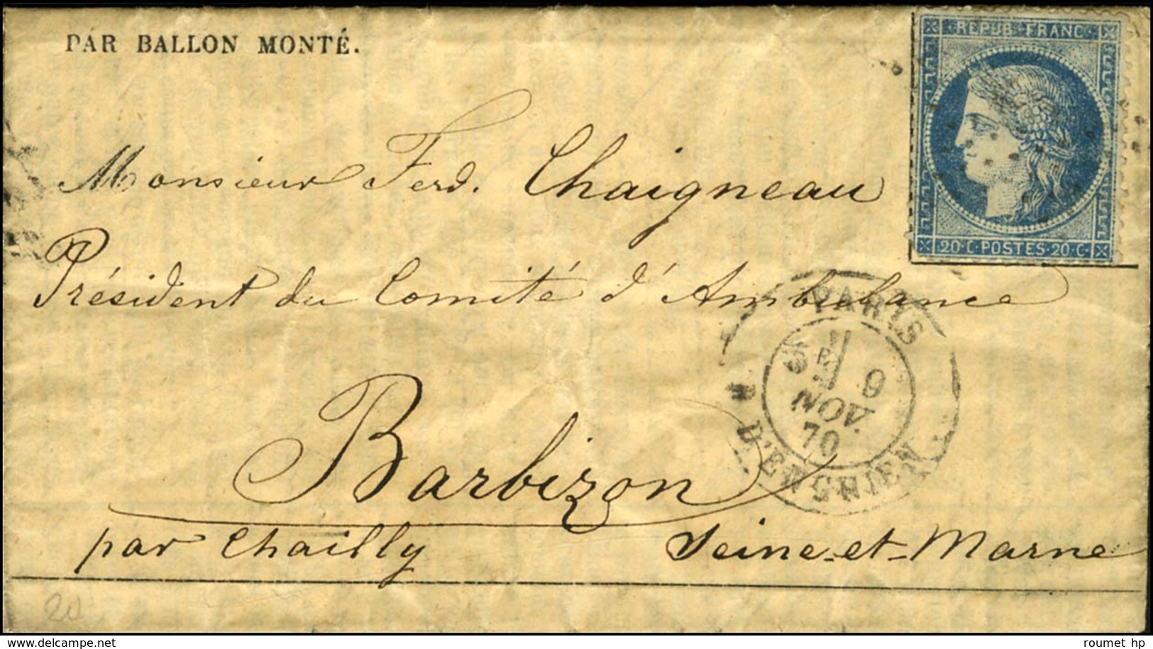 Etoile 4 / N° 37 Càd PARIS / R. D'ENGHIEN 9 NOV. 70 Sur Gazette Des Absents N° 6 Pour Barbizon (Seine Et Marne). Au Vers - Guerre De 1870