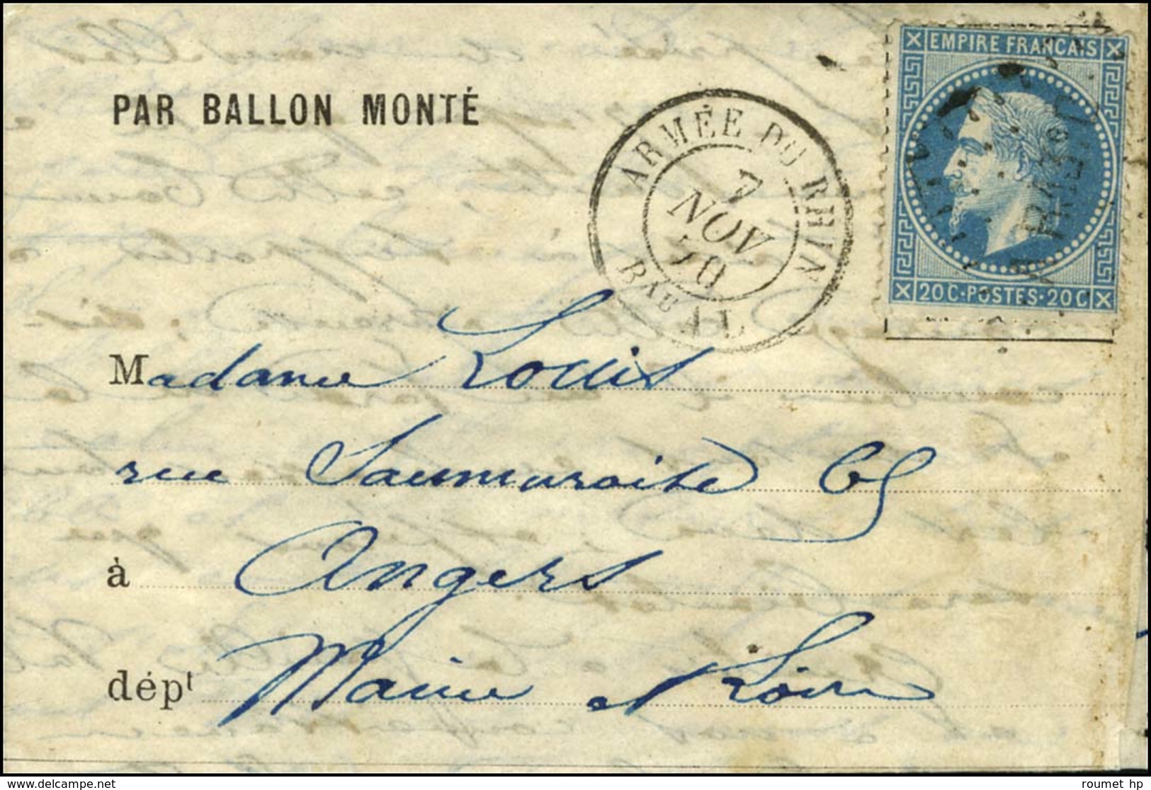 Losange AR 13e C / N° 29 Càd ARMEE DU RHIN / Bau AL 7 NOV. 70 Sur Lettre PAR BALLON MONTE Pour Angers. Au Verso, Càd D'a - Guerra De 1870