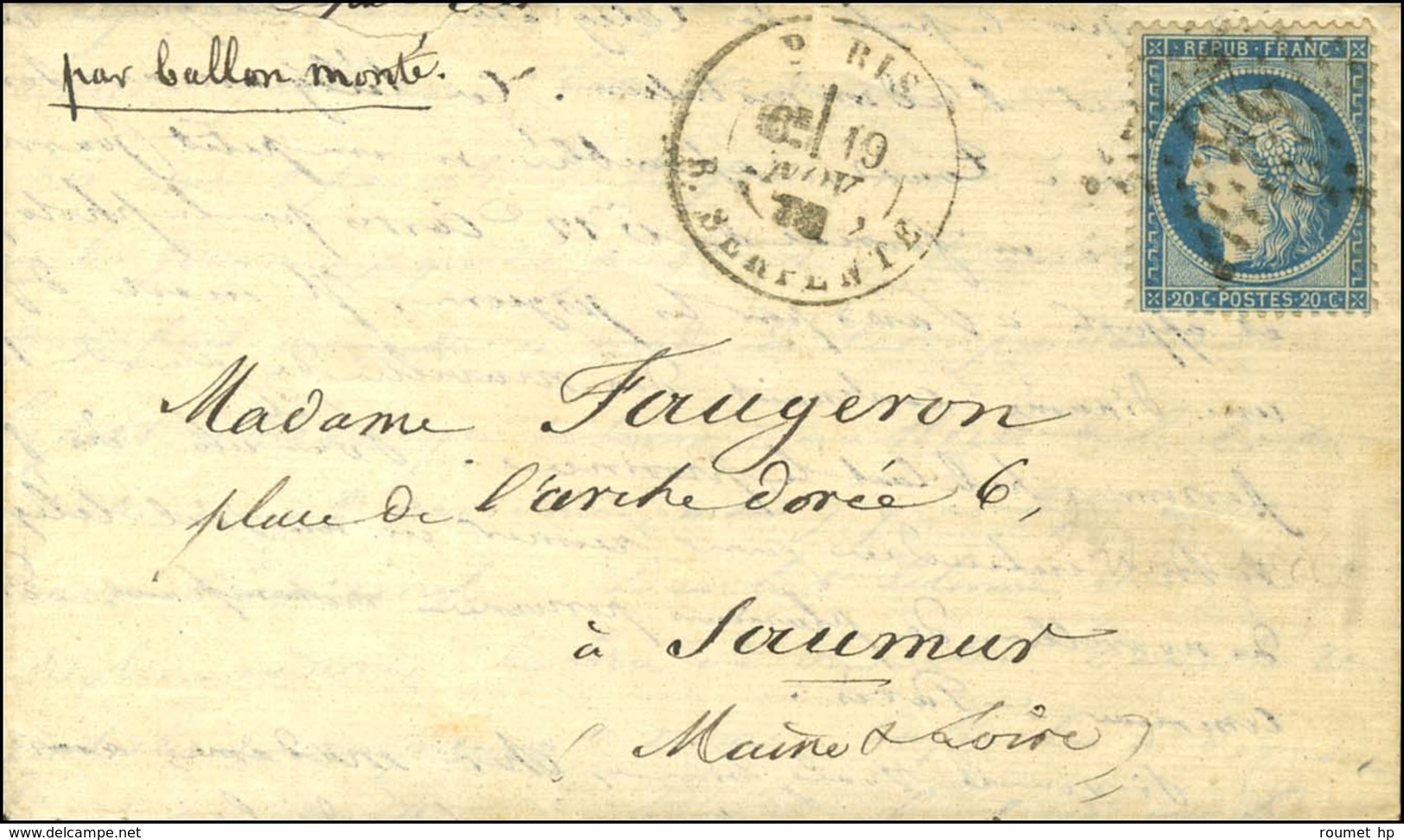 Etoile 25 / N° 37 Càd PARIS / R. SERPENTE 19 NOV. 70 Sur Lettre Pour Saumur, Au Verso Càd D'arrivée 25 NOV. 70. L'ARCHIM - Guerre De 1870
