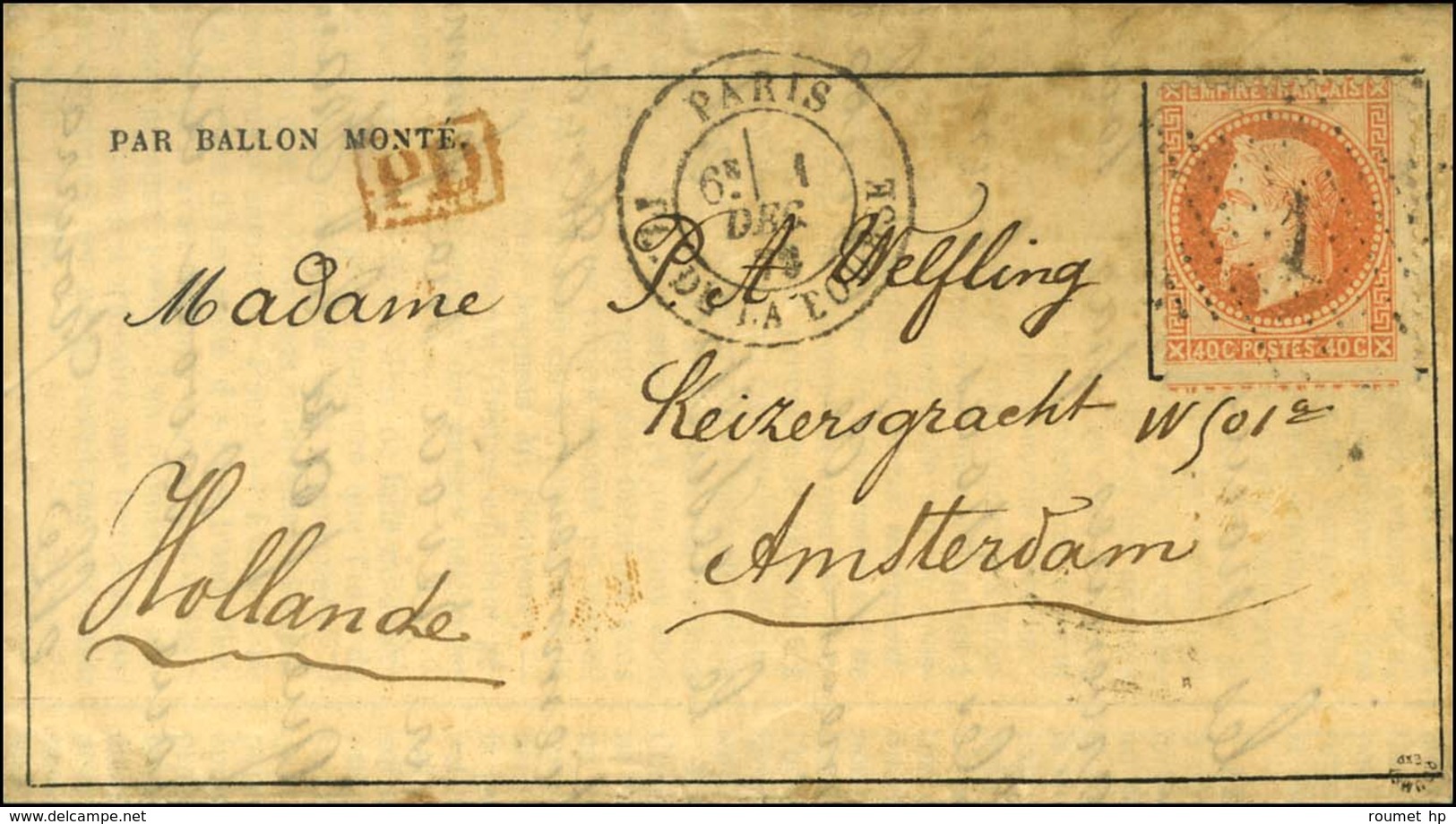 Etoile 1 / N° 31 Càd PARIS / PL. DE LA BOURSE 1 DEC. 70 Sur Gazette Des Absents N° 5 Pour Amsterdam. Au Verso, Càd D'arr - Guerre De 1870