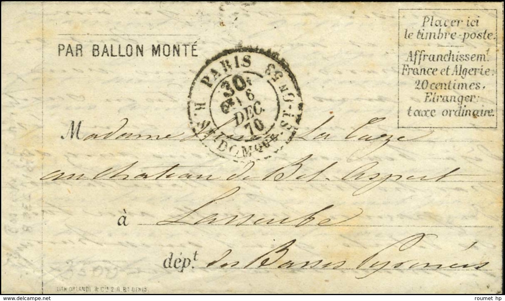 Càd Taxe 30c PARIS / R. ST DOMque ST GN N° 53 Sur Lettre PAR BALLON MONTE Pour Lasseube (Basses Pyrénées). Au Verso, Càd - Guerre De 1870