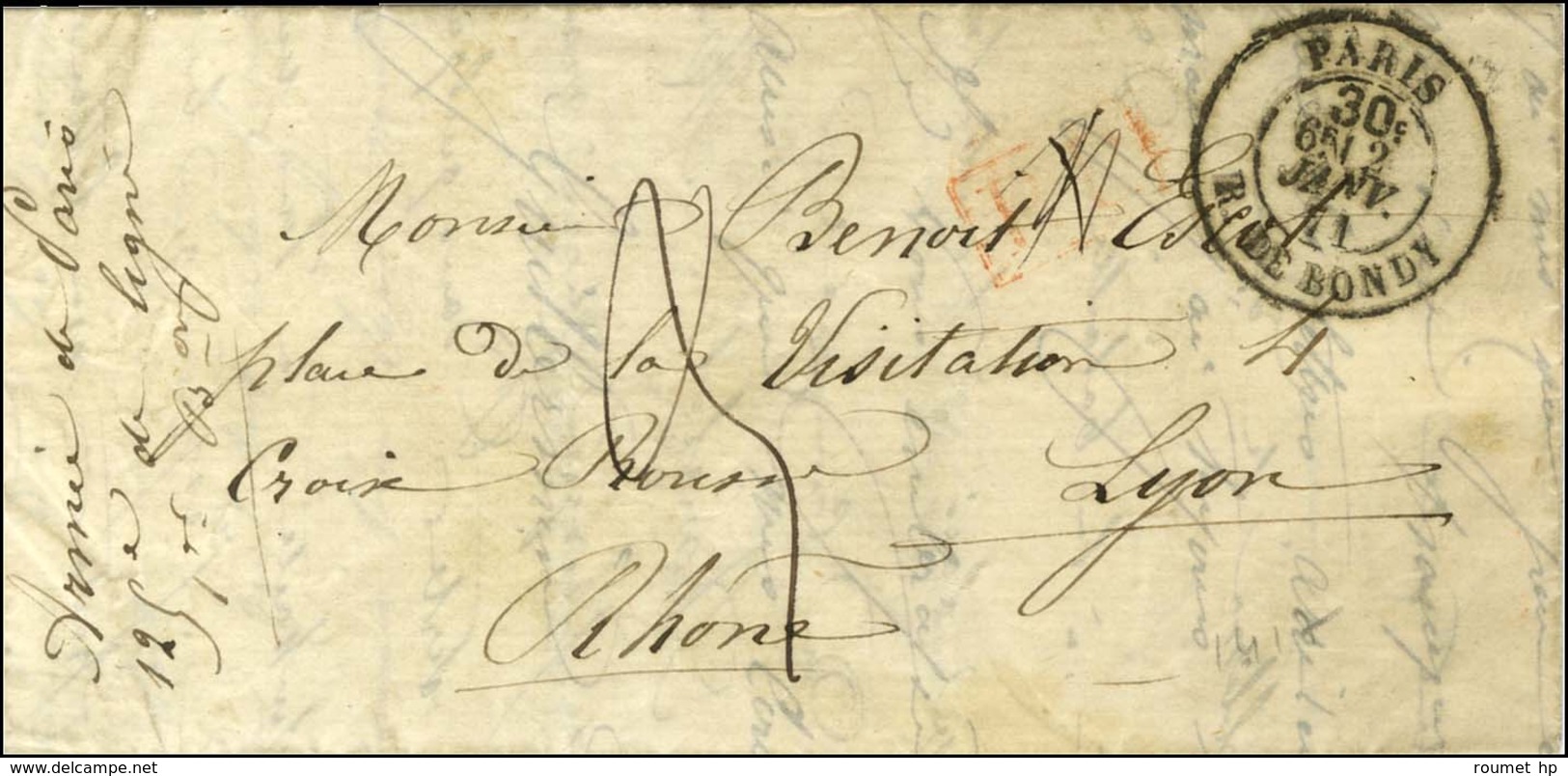 Càd Taxe 30c PARIS / R. DE BONDY 2 JANV. 71 + PP Rouge + Taxe 3 Manuscrite Sur Lettre Pour Lyon. Au Verso, Càd D'arrivée - Guerre De 1870