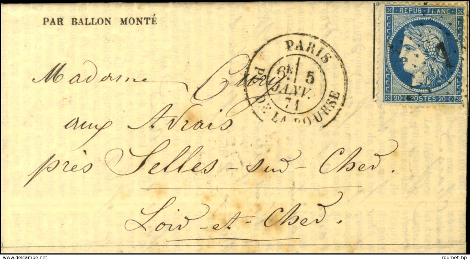 Etoile 1 / N° 37 Càd PARIS / PL. DE LA BOURSE 5 JANV. 71 Sur Gazette Des Absents N° 23 Pour Selles Sur Cher. Au Verso, C - Guerre De 1870
