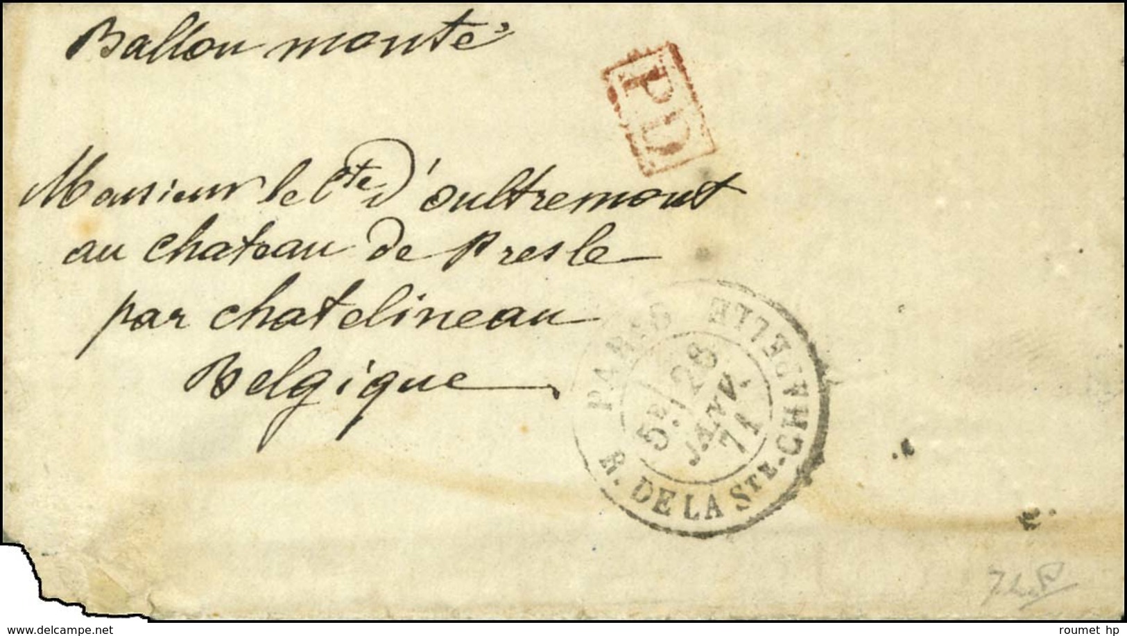 Càd PARIS / R. DE LA STE CHAPELLE 26 JANV. 71 (timbre Poste Tombé Par Immersion) Sur Lettre Adressée Au Château De Presl - Guerre De 1870