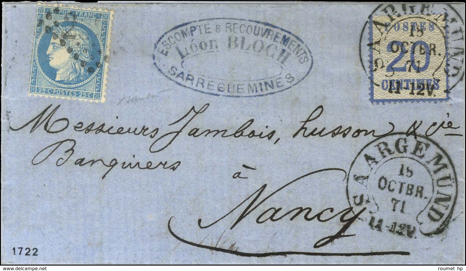 Càd SAARGEMUND / Alsace N° 6 + N° 60 Obl GC Sur Lettre En Affranchissement Mixte Pour Nancy. 1871. - TB. - Lettres & Documents
