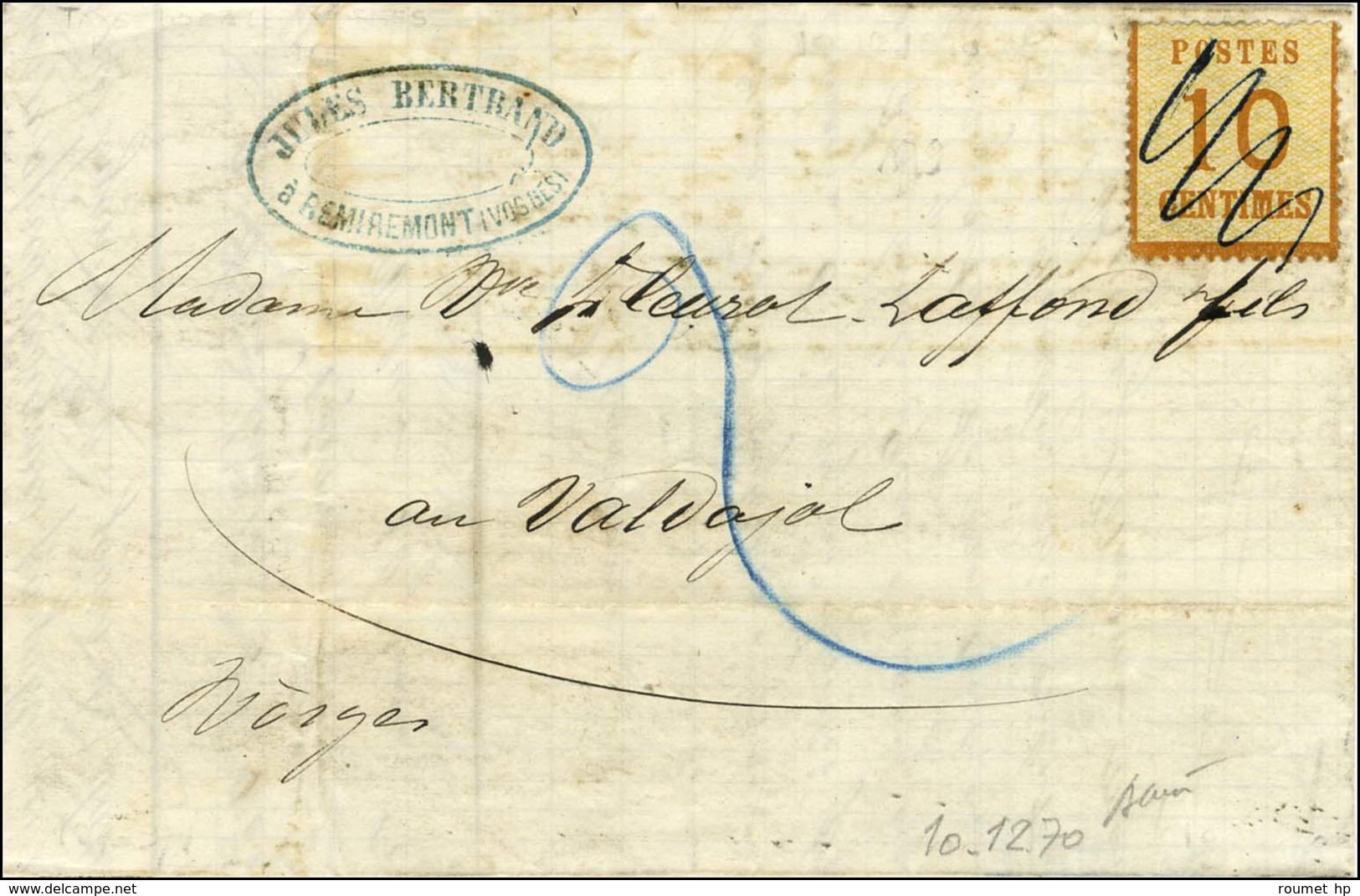 Lettre Avec Texte Daté De Remiremont Le 10 Décembre 1870 Pour Le Val D'Ajol. Alsace N° 5 Obl Plume Et Taxe 2 Décime Pour - Guerre De 1870