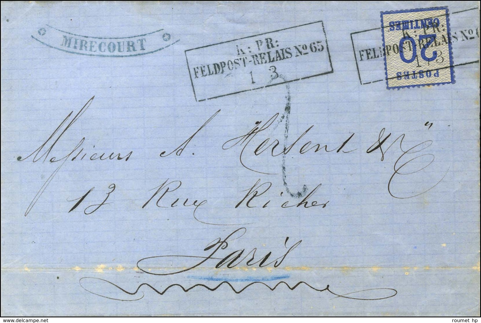 Cachet Encadré KPR / FELDPOST-RELAIS N° 65 (Charmes) / Alsace N° 6 Sur Lettre De Mirecourt Le 28 Février 1871 Pour Paris - Guerre De 1870