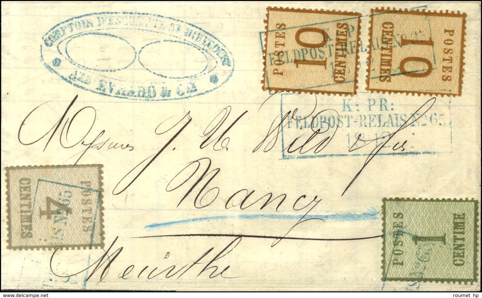 Cachet Encadré Bleu KPR / FELDPOST-RELAIS N° 65 (Charmes) / Alsace N° 1 + 3 + 5 (2) Sur Lettre Avec Texte Daté De Mireco - Guerre De 1870