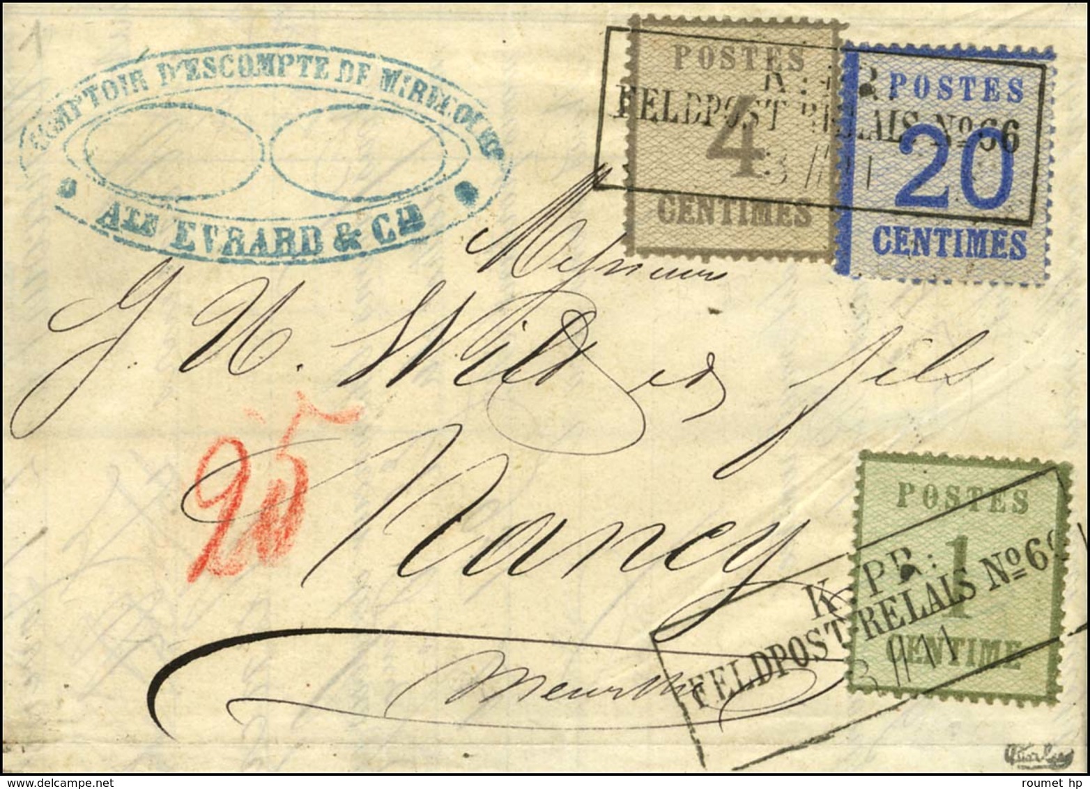 Cachet Encadré Bleu KPR / FELDPOST-RELAIS N° 66 (Epinal) / Alsace N° 1 + 3 (burelage Renversé) + 6 Sur Lettre Avec Texte - Guerre De 1870