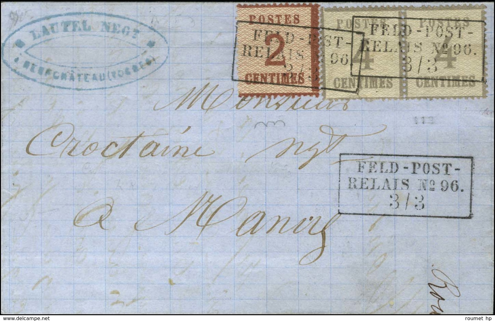 Cachet Encadré FELDPOST / RELAIS N° 96 / Alsace N° 2 (burelage Renversé) + 3 Paire Sur Lettre Avec Texte Daté De Neufchâ - Guerre De 1870