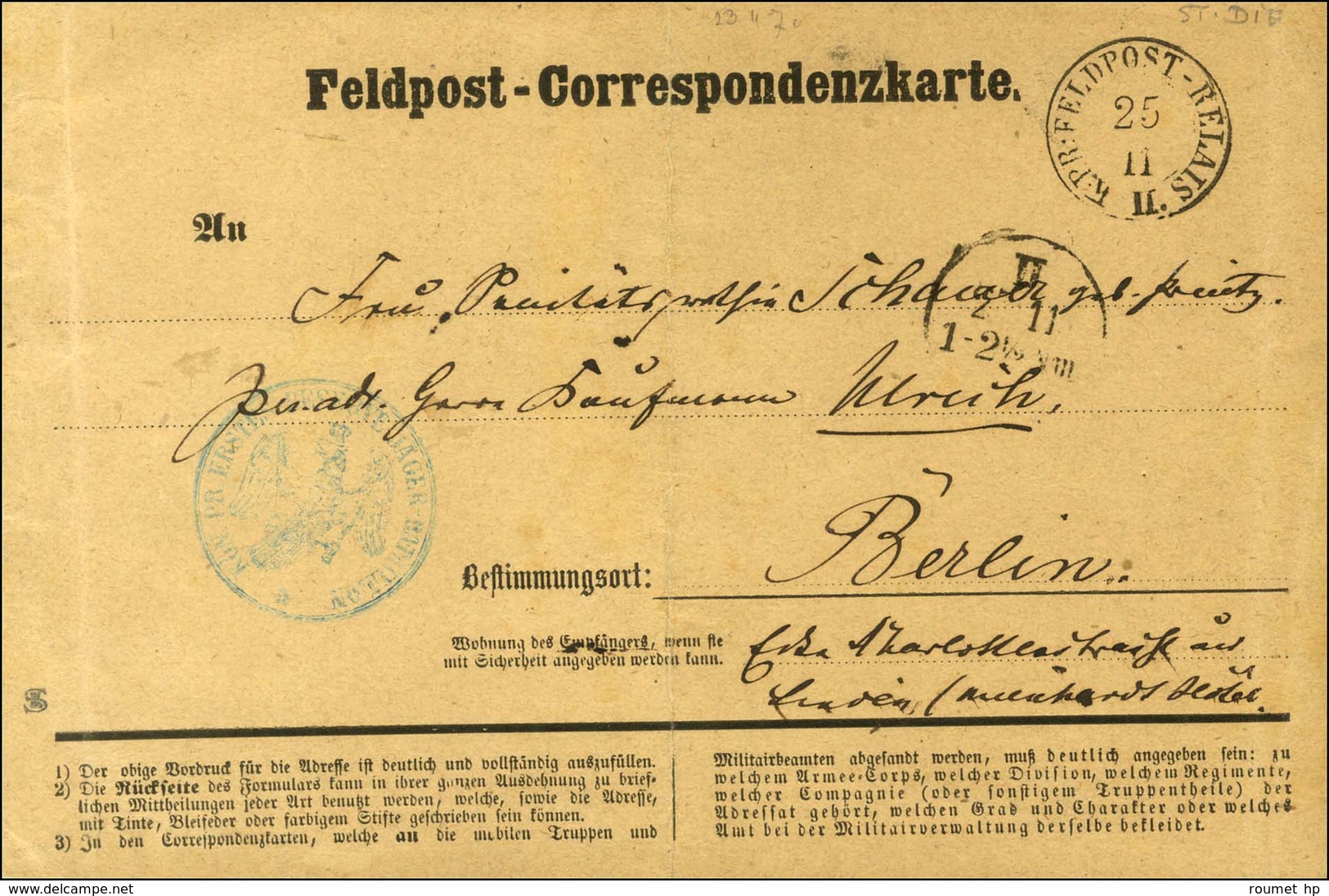 Càd KPR / FELDPOST-RELAIS N° 2 Sur Carte De Correspondance Allemande Avec Texte Daté De Saint Dié Le 23 Novembre 1870 Po - Guerre De 1870