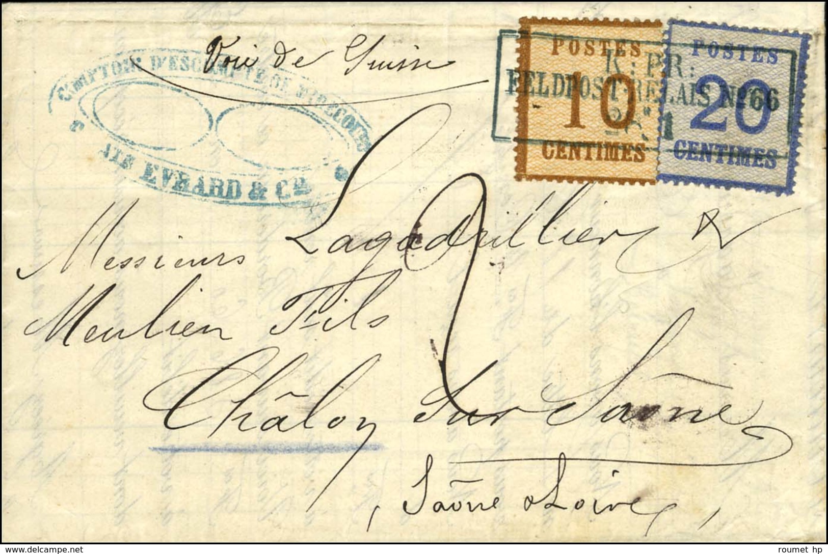 Cachet Encadré Bleu KPR / FELDPOST-RELAIS N° 66 / Alsace N° 5 + 6 Sur Lettre Avec Texte Daté De Mirecourt Le 26 Janvier  - Guerre De 1870