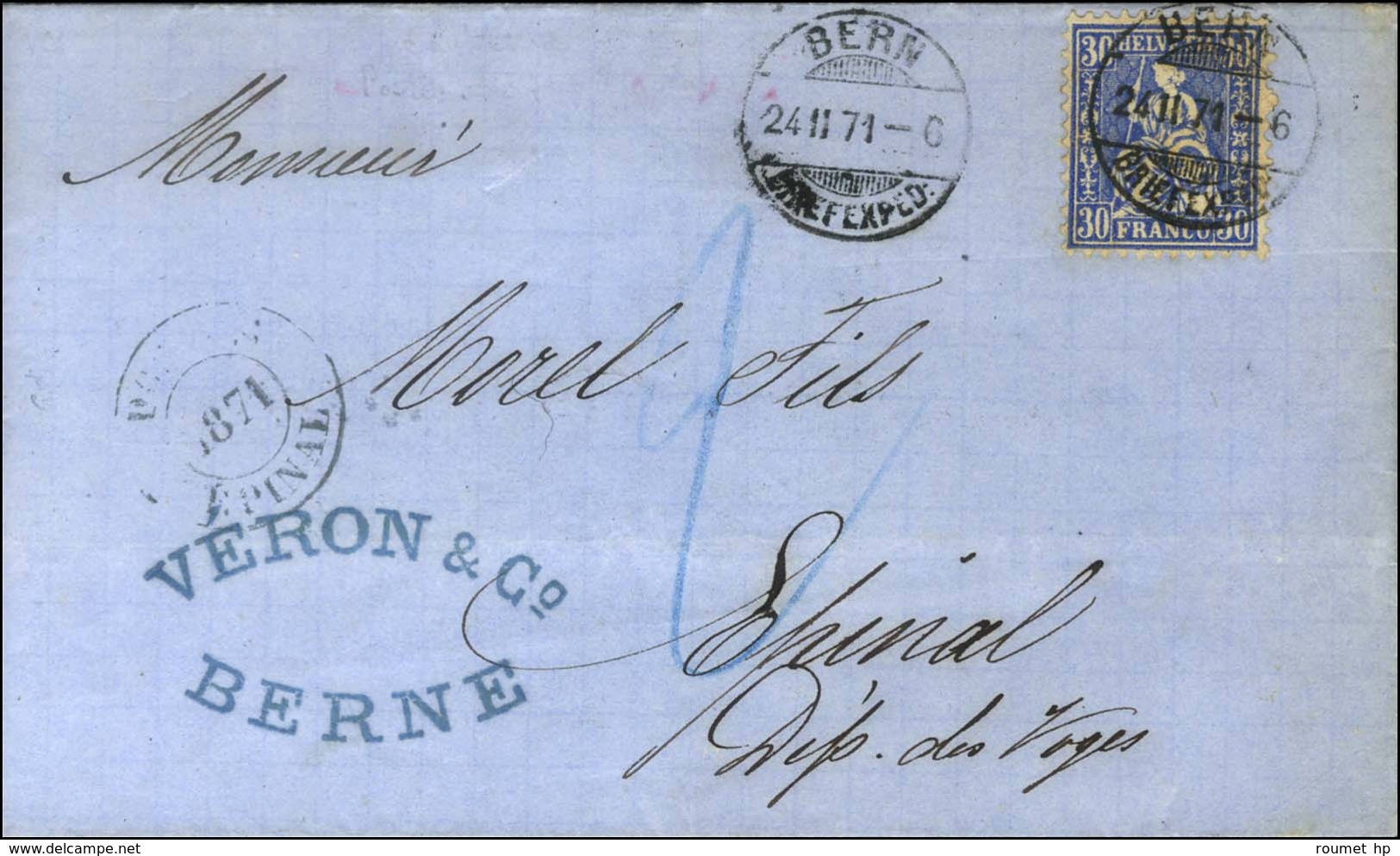 Càd BERN / Suisse 30c Sur Lettre Avec Texte Daté De Bern Le 24 Février 1871 Pour Epinal. Au Recto Et En Arrivée, Cachet  - Guerre De 1870