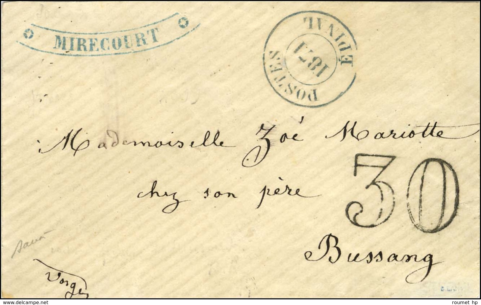 Càd Provisoire Bleu POSTE / 1871 / EPINAL Sur Lettre Pour Bussang. Au Recto, Cachet Bleu Tronqué De Mirecourt Et Taxe 30 - Guerre De 1870