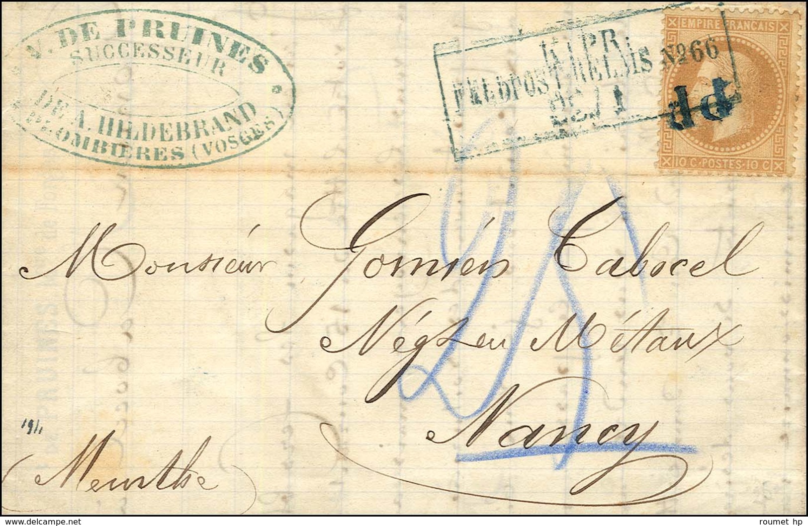 Griffe Bleue De Fortune PP / N° 28 Sur Lettre Avec Texte Daté '' Forges De Semouse Près Plombières '' Le 19 Janvier 1871 - Oorlog 1870