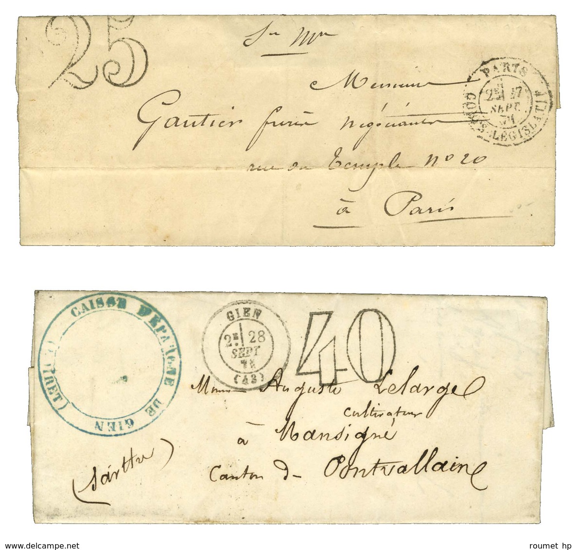 Lot De 2 Lettres Avec Taxe Tampon De Septembre 1871. - TB / SUP. - Autres & Non Classés