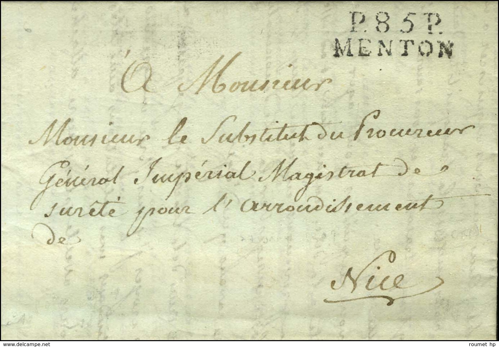 P.85.P / MENTON (P / EM) Sur Lettre Avec Texte Daté De Menton Le 27 Janvier 1809 Pour Nice. - SUP. - R. - Autres & Non Classés