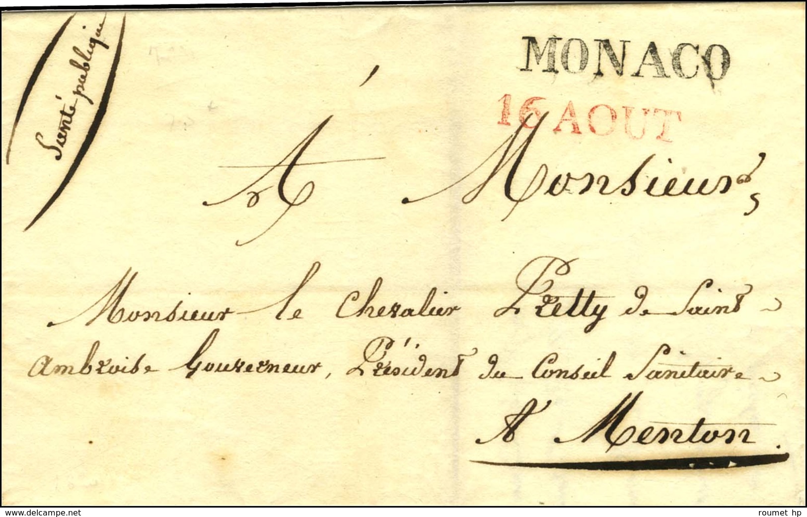 MONACO / 16 AOUT Sur Lettre Datée De Monaco Le 16 Août 1820 Adressée En Franchise à Menton. - TB / SUP. - Autres & Non Classés