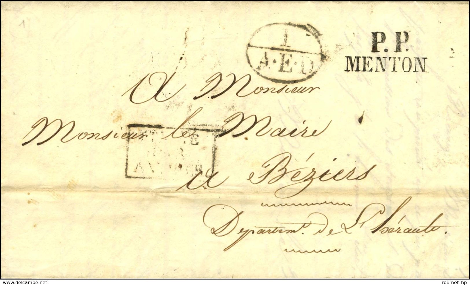 P.P. / MENTON Sur Lettre Avec Texte Daté De Menton Le 11 Septembre 1835 Pour Béziers. Au Recto, Marque D'échange 1 / A.E - Autres & Non Classés