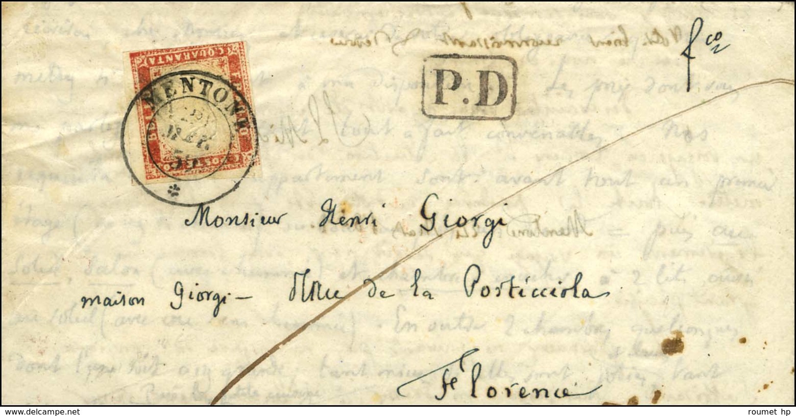 Càd MENTONE / * / Sardaigne 40c Rouge (4e émission) Sur Lettre Avec Texte Pour Florence. 1859. - TB. - R. - Autres & Non Classés
