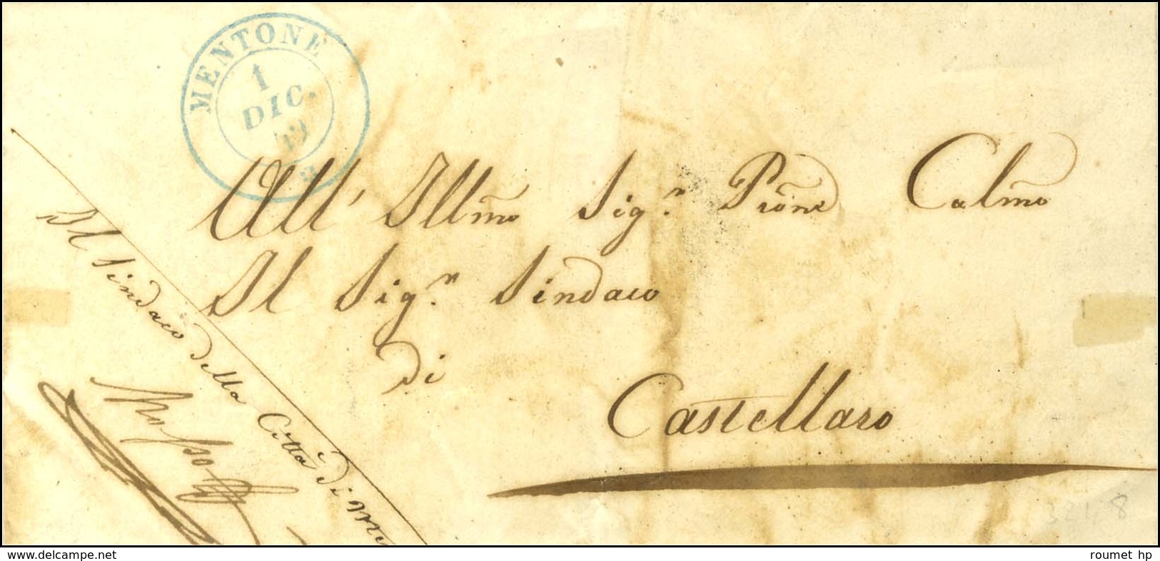 Càd Bleu MENTONE / * Sur Lettre En Franchise Pour Castellaro. 1849. - TB / SUP. - Autres & Non Classés