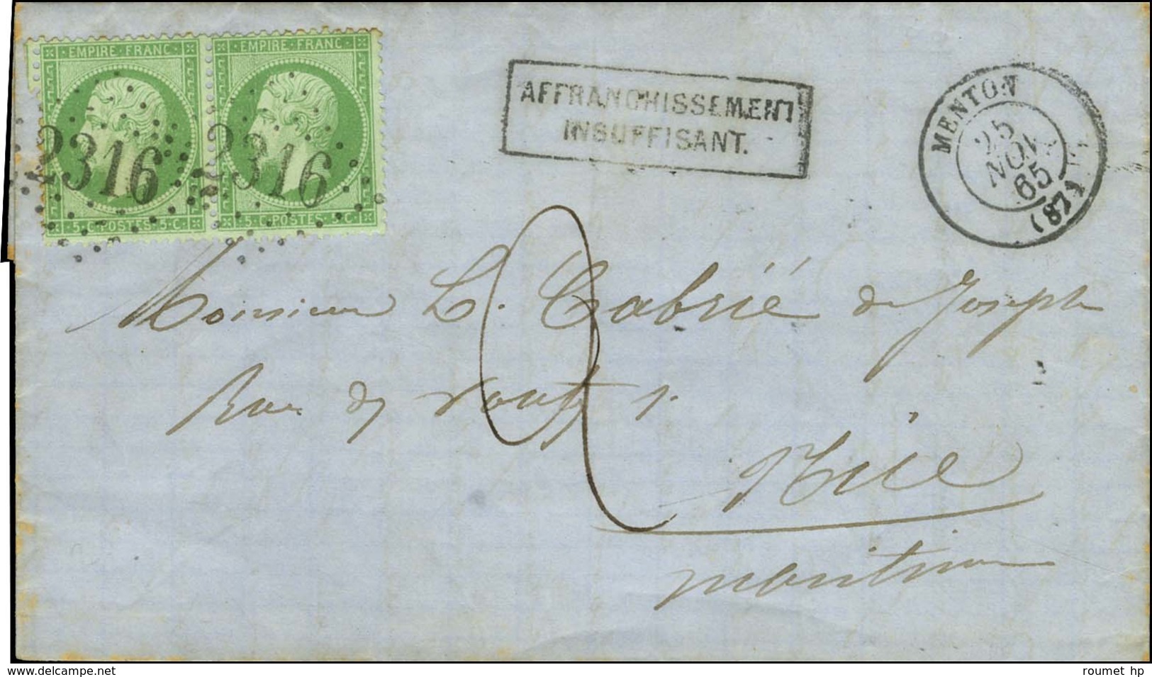 GC 2316 / N° 20 Paire Càd T 15 MENTON (87) Sur Lettre Insuffisamment Affranchie Pour Nice Taxée 2. 1865. - SUP. - Autres & Non Classés