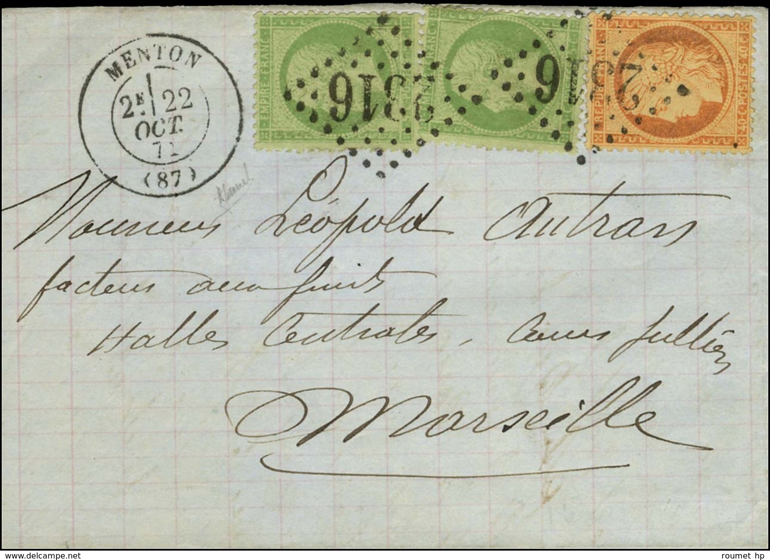 GC 2316 / N° 20 (2) + 38 Càd T 17 MENTON (87) Sur Lettre Pour Marseille. 1871. - TB / SUP. - Autres & Non Classés