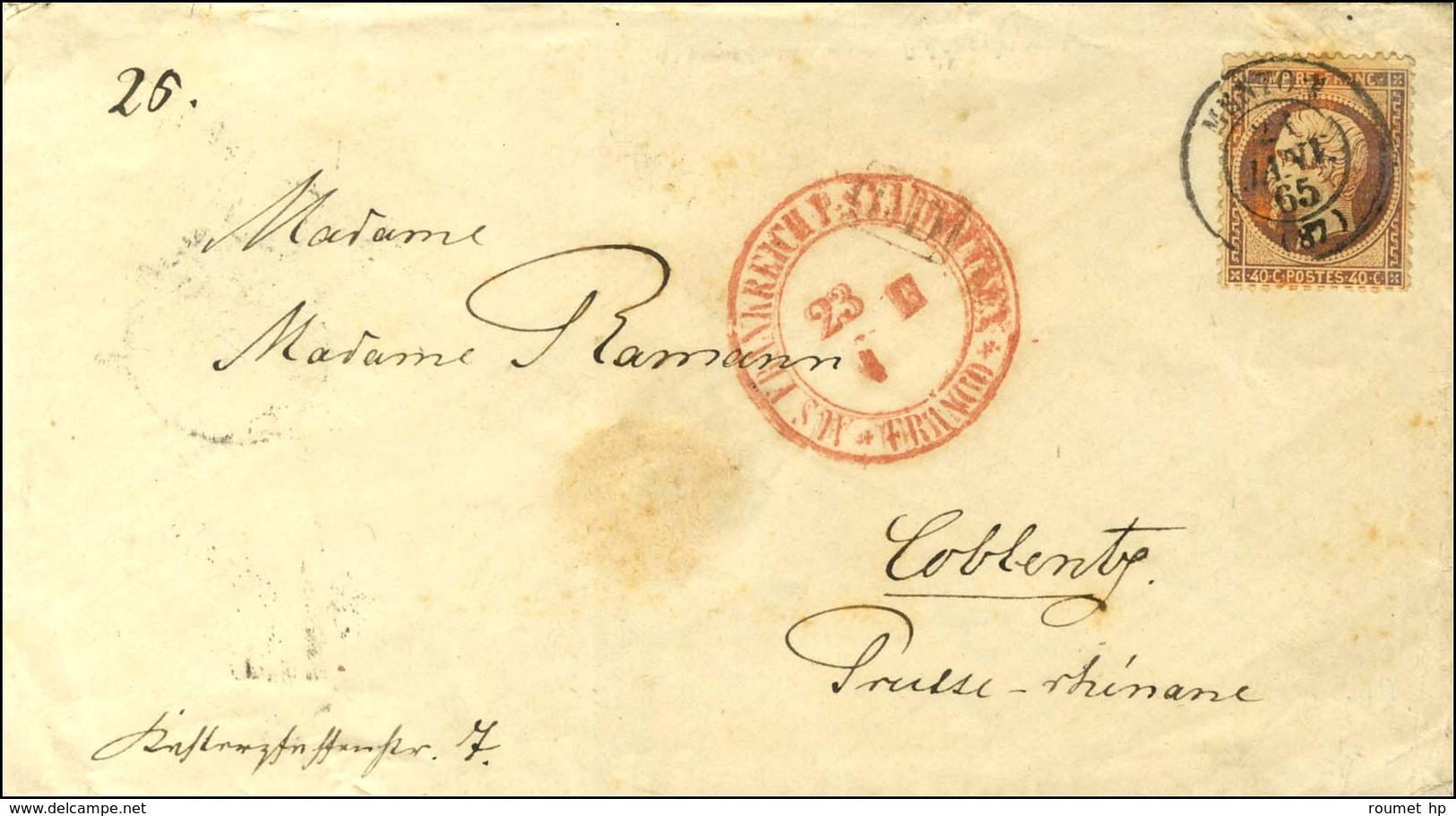 Càd T 15 MENTON (87) / N° 23 Sur Lettre Pour Coblantz. 1865. - TB / SUP. - Autres & Non Classés