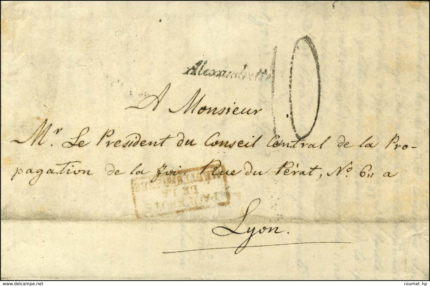 Lettre Avec Texte Daté '' Mardin Le 6 Décembre 1853 '' Pour Lyon, Au Recto Cursive Alexandrette, Taxe Tampon 10 Et Griff - Poste Maritime