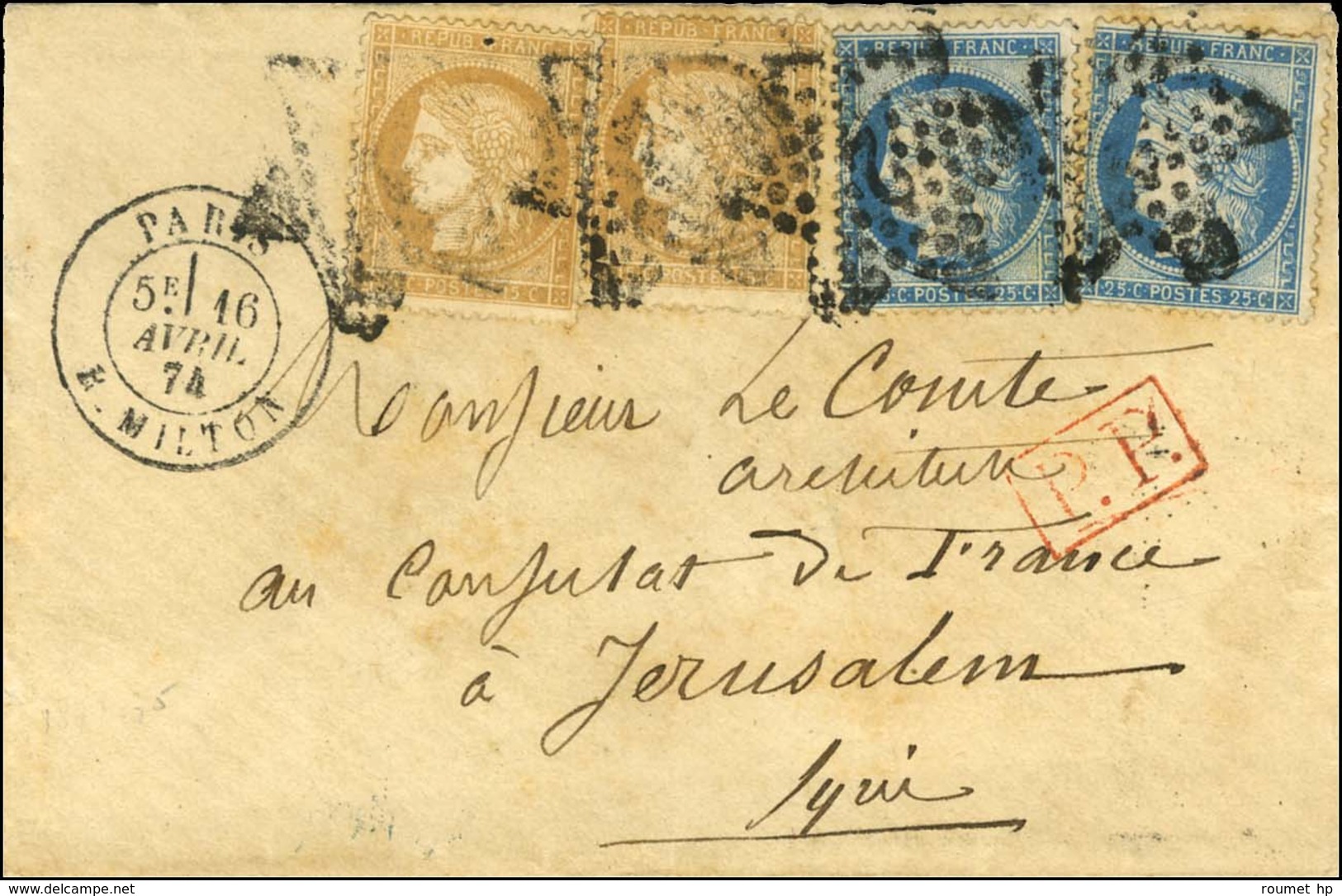 Etoile 2 / N° 59 (2) + 60 (2) Càd PARIS / R. MILTON Sur Lettre Adressée Au Consulat De France à Jérusalem. Au Recto P.P. - Poste Maritime