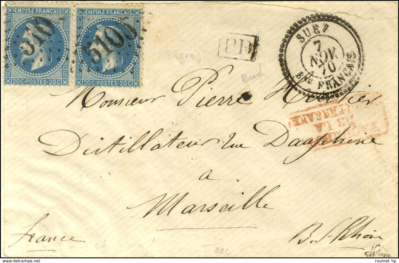 GC 5105 / N° 29 Paire Càd T 22 SUEZ / Bau FRANCAIS Sur Lettre Pour Marseille. 1870. - SUP. - R. - Poste Maritime