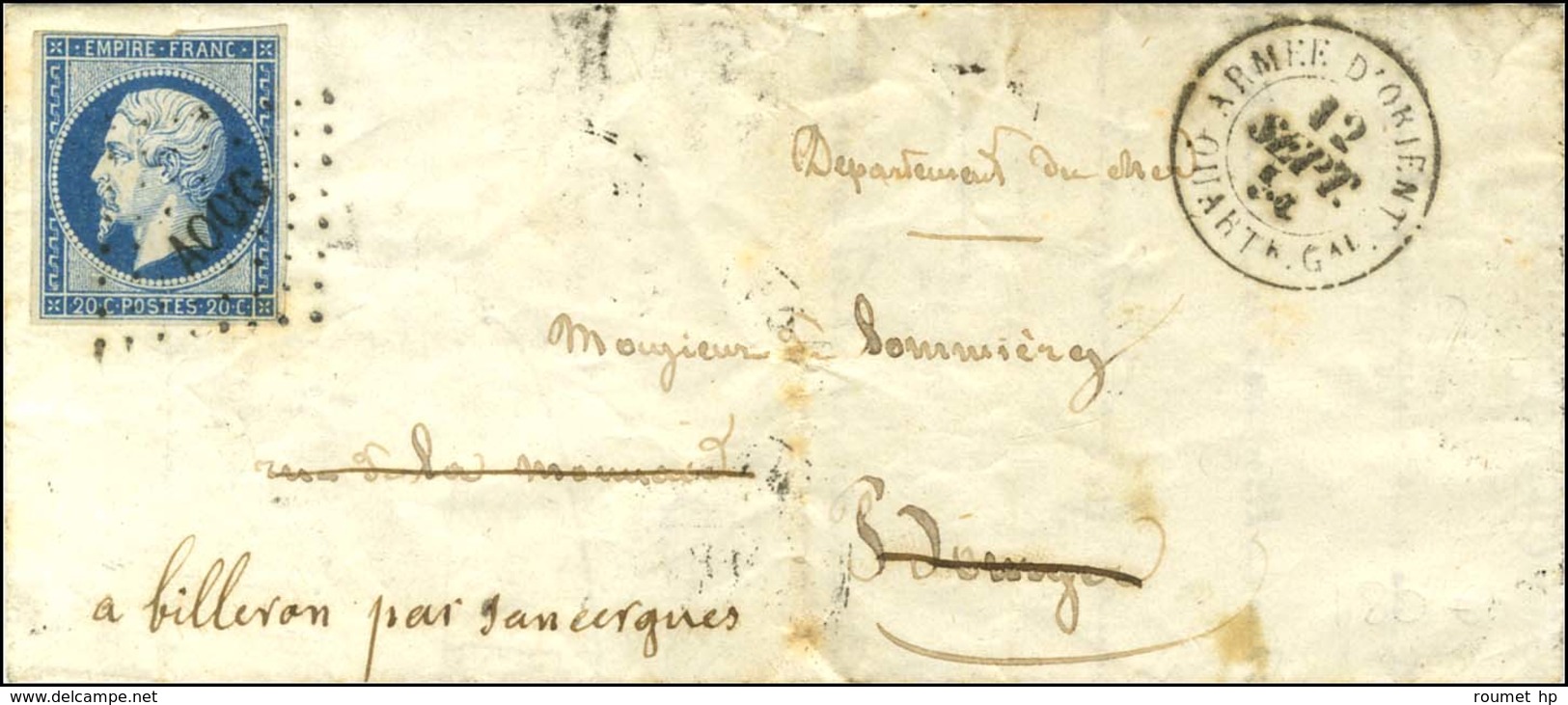 Losange AOQG / N° 14 (infime Def) Càd ARMEE D'ORIENT / QUARTIER Gal Sur Lettre Avec Texte Pour Bourges. 1855. - TB. - R. - Marques D'armée (avant 1900)