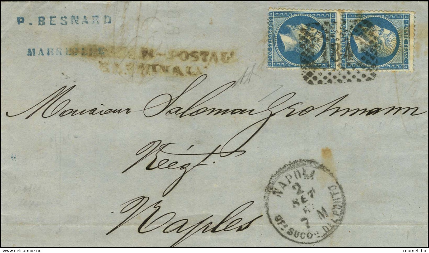 GC Italien 184 / N° 22 Paire Càd NAPOLI Sur Lettre De Marseille Pour Naples. 1867. - TB. - R. - Poste Maritime