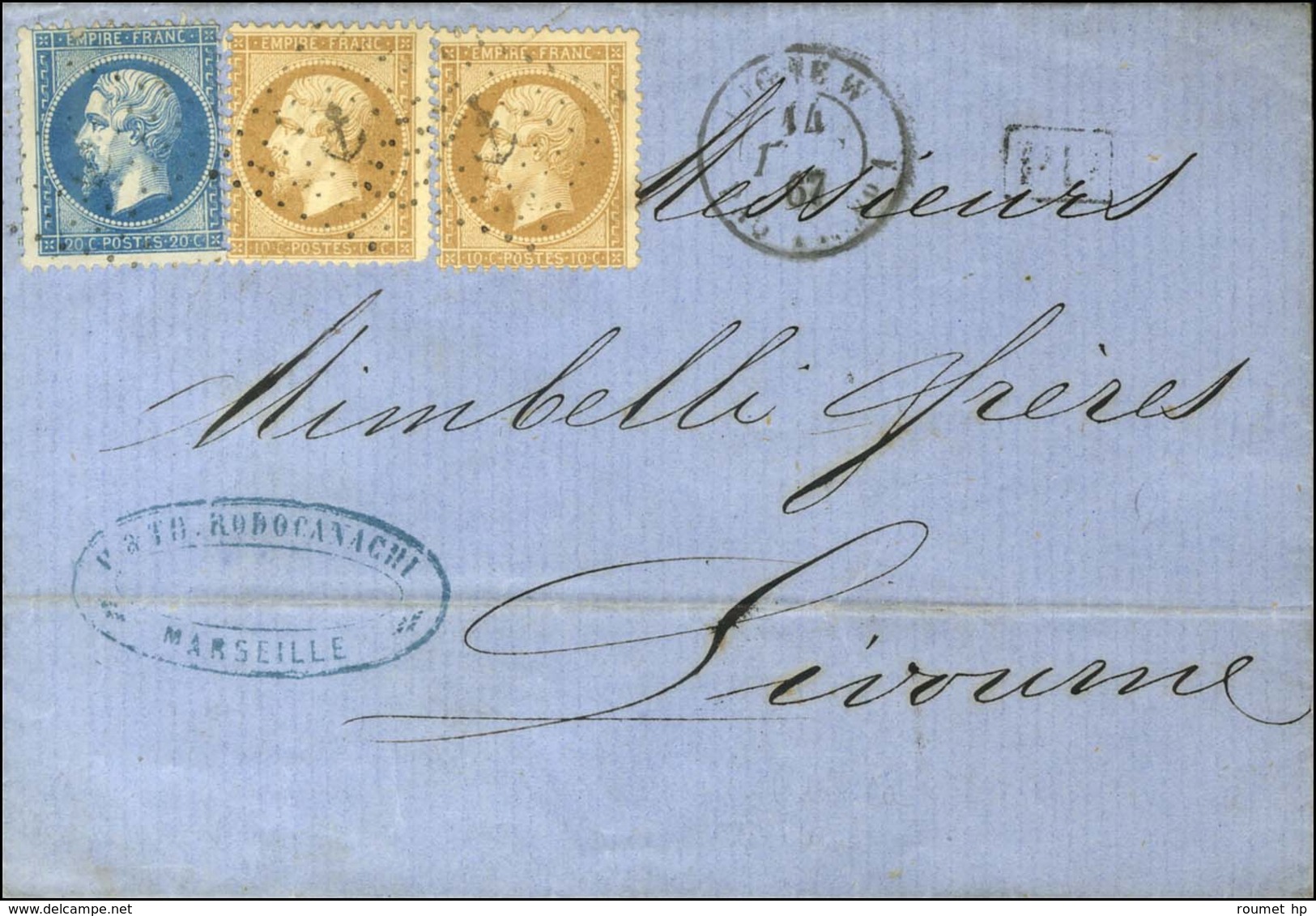 Ancre / N° 21 (2) + 22 Càd LIGNE W / PAQ. FR N° 1 Sur Lettre De Marseille Pour Livourne. 1867. - TB / SUP. - R. - Poste Maritime
