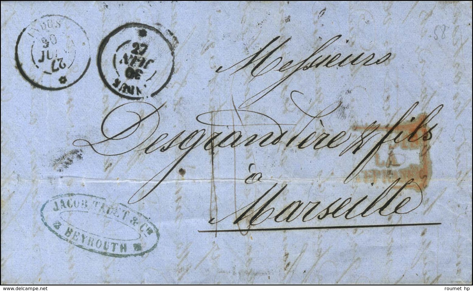 Càd INDUS / * 30 JUIN 27 (variété De Dateur 1860) Sur Lettre Avec Texte Daté De Beyrouth Le 21 Juin 1860 Pour Marseille. - Poste Maritime