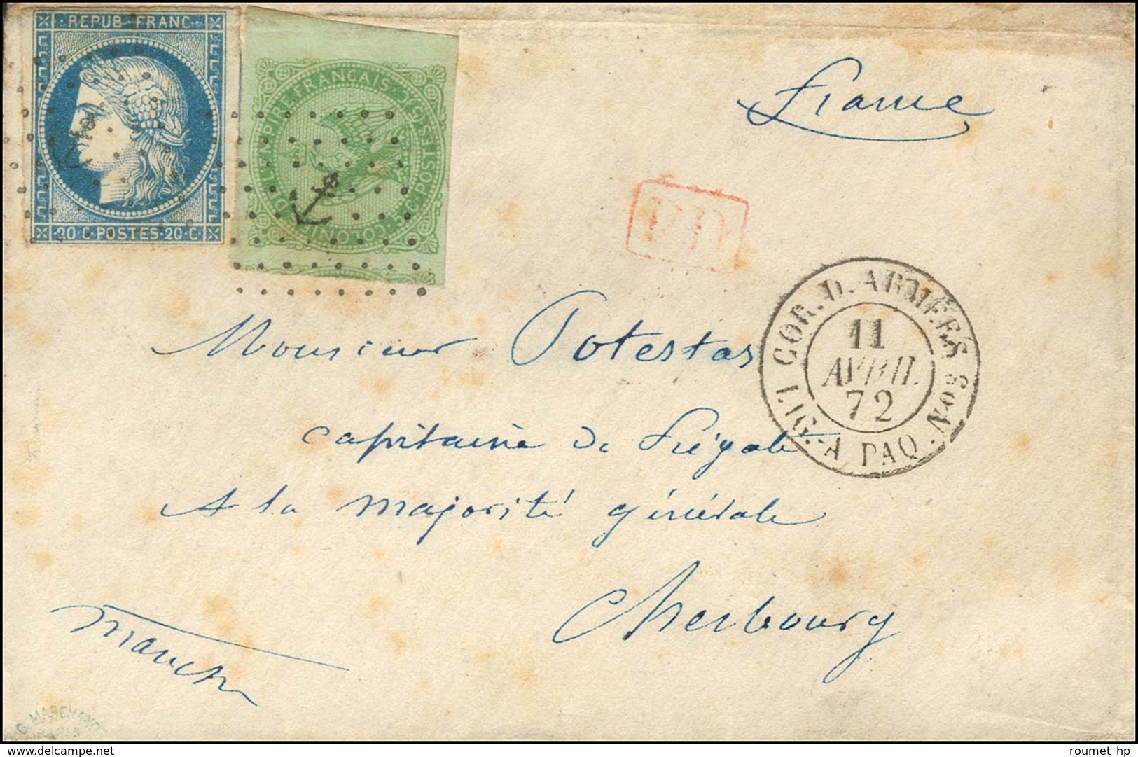 Losange Ancre / CG N° 2 + 12 Càd COR.D.ARMEES / LIGNE A PAQ N° 3 Sur Lettre Au Tarif De Militaire Pour Cherbourg. 1872.  - Poste Maritime