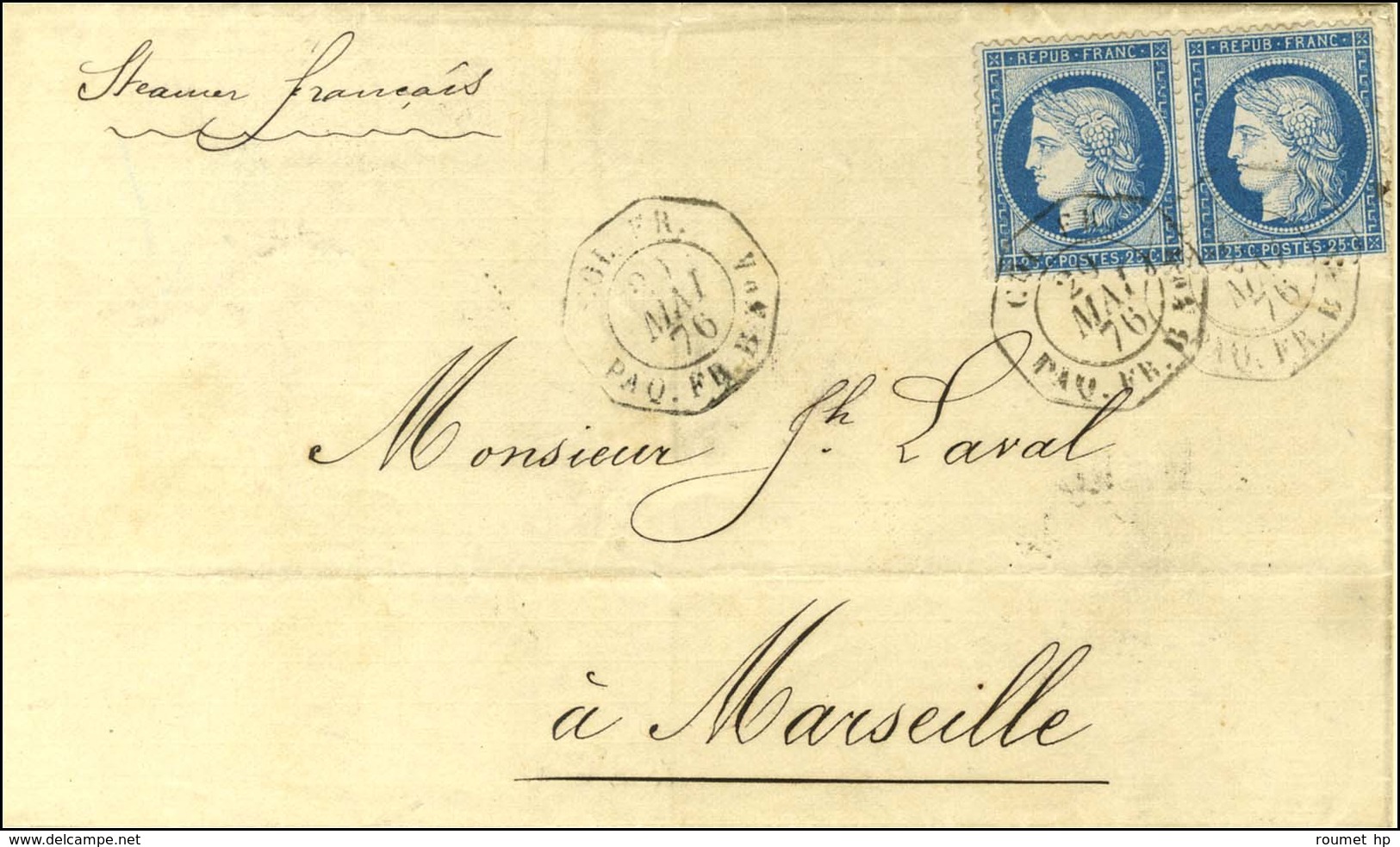 Càd Octo COL. FR. / PAQ. FR. B N° 4 20 MAI 76 / N° 60 Paire Sur Lettre De St Pierre De La Martinique Pour Marseille. Exc - Poste Maritime