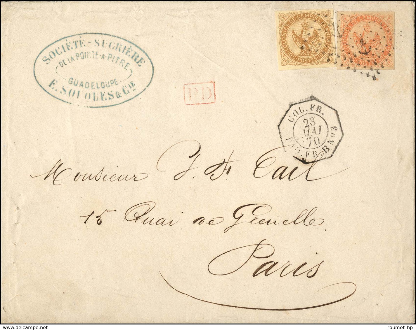 Losange Ancre / CG N° 3 + 5 Càd Octo COL. FR. / PAQ. FR. B N° 3 Sur Lettre De Guadeloupe Pour Paris. 1870. - TB / SUP. - - Poste Maritime