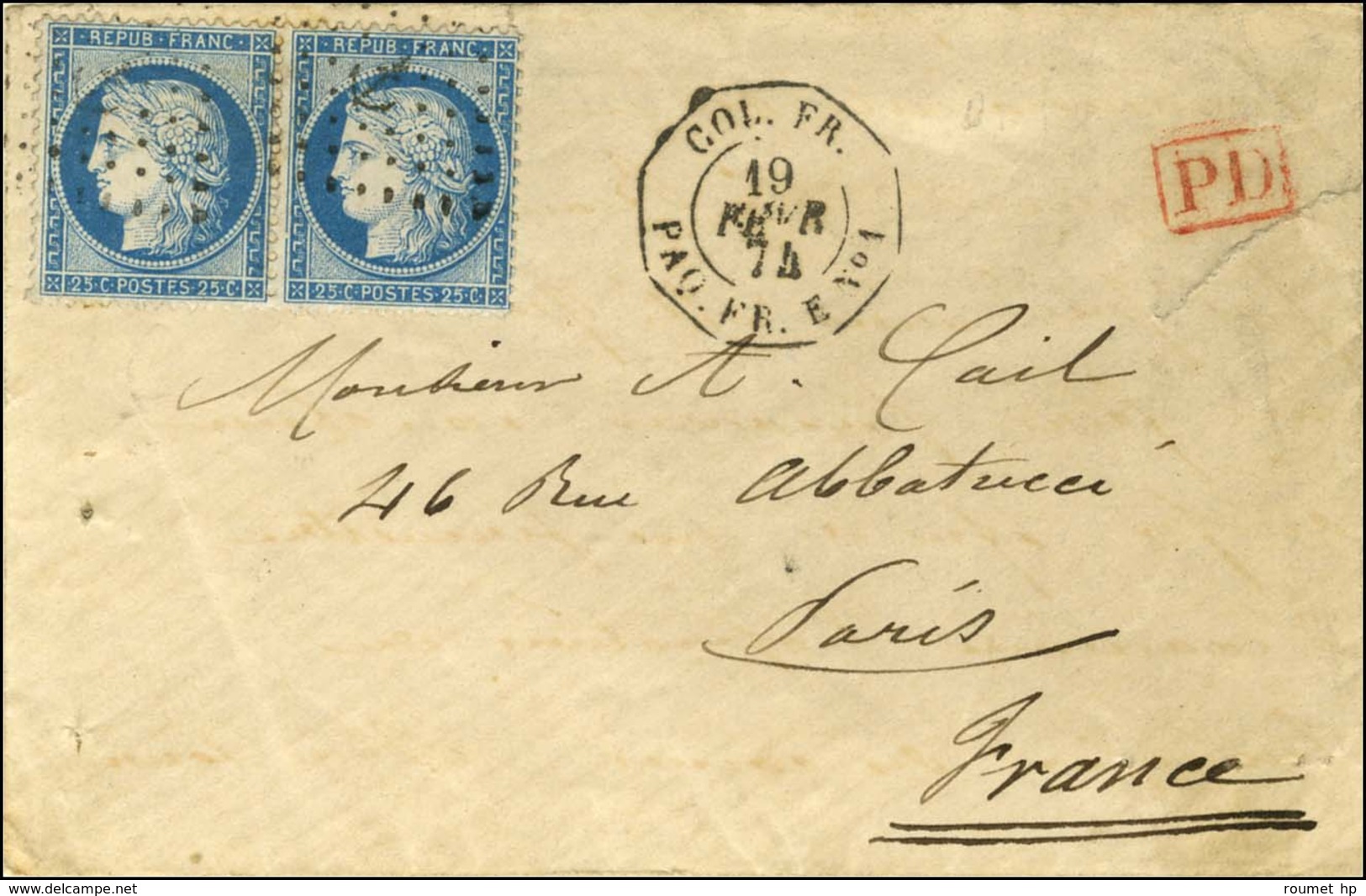 Ancre / N° 60 Paire Càd Octo COL.FR. / PAQ.FR. E N° 1. Exceptionnelle Combinaison Avec Timbre De France. 1874. - SUP. -  - Poste Maritime