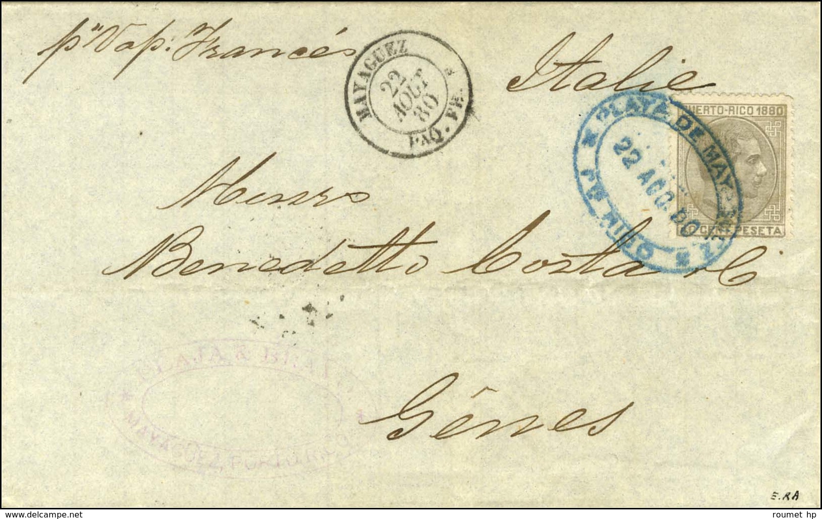 Cachet Bleu PUERTO RICO / TP Porto Rico Càd MAYAGUEZ / PAQ.FR. F Sur Lettre Pour L'Italie. 1880. - SUP. - RR. - Poste Maritime